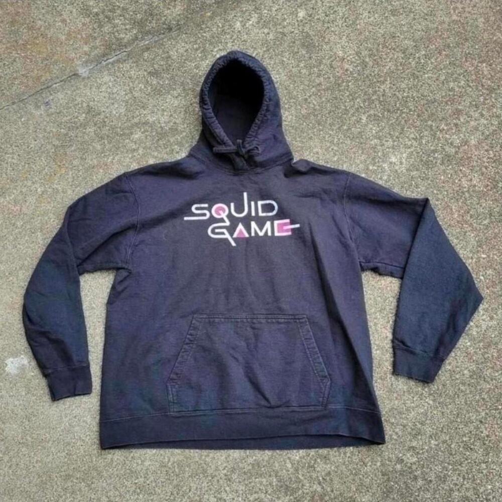 Vtg Y2k SQUID GAME Logo Graphic Thriller Cult TV Show Hooded Sweatshirt Black XL
